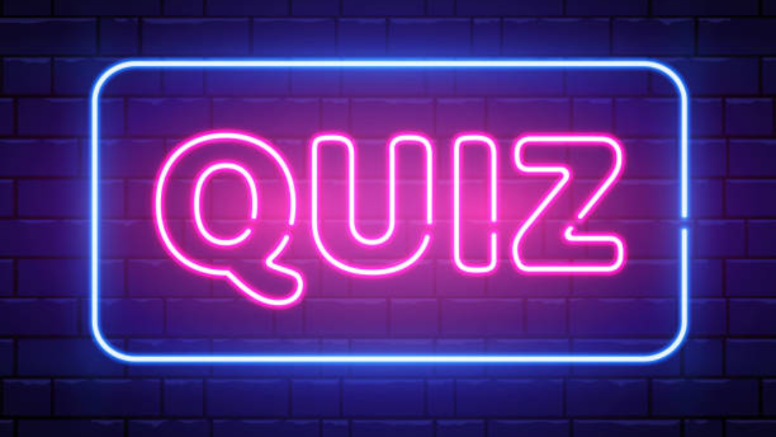 Quiz neon text banner on brick wall. Questions team game. Quiz night poster. Pub neon signboard. Night bright advertising. Vector illustration.