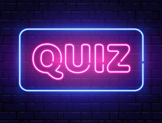 Quiz neon text banner on brick wall. Questions team game. Quiz night poster. Pub neon signboard. Night bright advertising. Vector illustration.